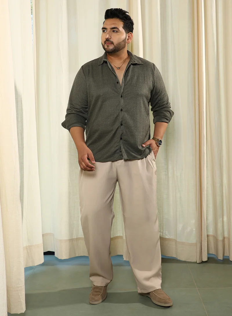 Instafab Plus Instafab Plus Men's Olive Green Tactile Spread Collar Shirt For Casual Wear | Spread Collar | Long Cuffed Sleeves | Button Closure | Plus Size Shirt Crafted With Comfort Fit For Everyday Wear
