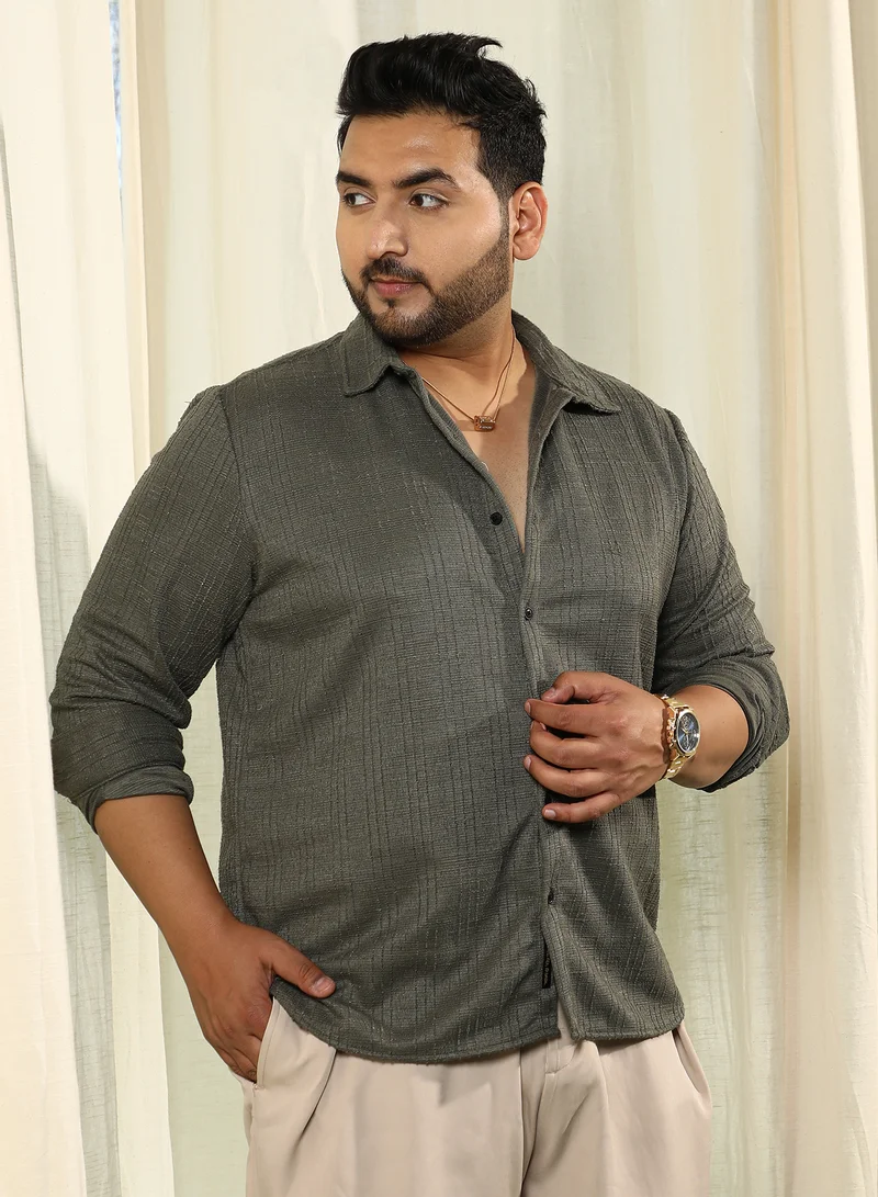 Instafab Plus Instafab Plus Men's Olive Green Tactile Spread Collar Shirt For Casual Wear | Spread Collar | Long Cuffed Sleeves | Button Closure | Plus Size Shirt Crafted With Comfort Fit For Everyday Wear