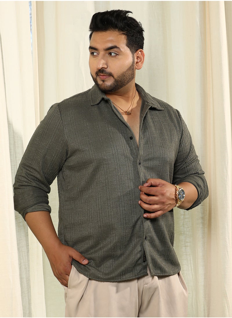Instafab Plus Instafab Plus Men's Olive Green Tactile Spread Collar Shirt For Casual Wear | Spread Collar | Long Cuffed Sleeves | Button Closure | Plus Size Shirt Crafted With Comfort Fit For Everyday Wear  - Image 3