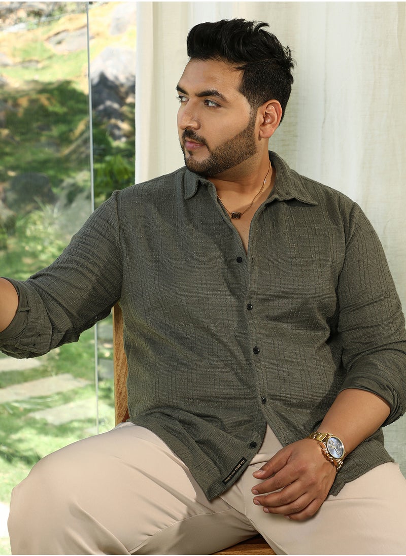 Instafab Plus Instafab Plus Men's Olive Green Tactile Spread Collar Shirt For Casual Wear | Spread Collar | Long Cuffed Sleeves | Button Closure | Plus Size Shirt Crafted With Comfort Fit For Everyday Wear  - Image 1