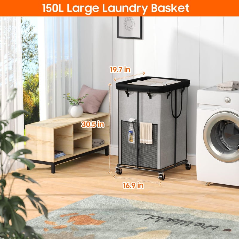 Olldide 150L Laundry Hamper with Wheels, Rolling Laundry Basket with Metal Frame and Removable Bag, Large & Tall Dirty Clothes Hampers for Bedroom Aesthetic, Laundry Room, Bathroom, Dorm-Grey - Image 2