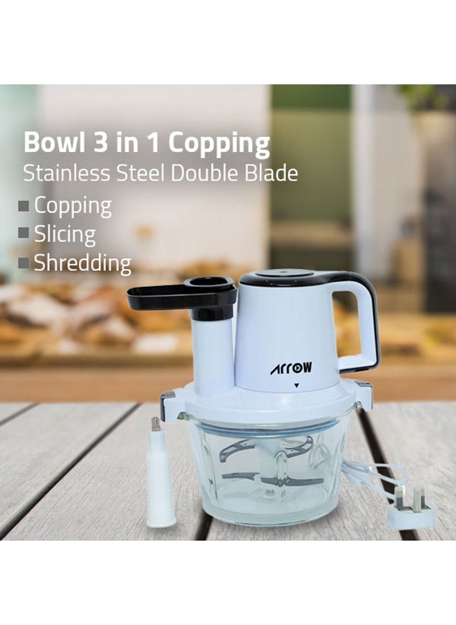 Arrow Bowl 3 in 1 Copping, 2LTR Glass Bowl, 300W | Slicing And Shredding Chopper| Burger Maker | Stainless Steel Double Blade | Plastic Body |White Color| Model Name: RO-FPW02L3  - Image 3