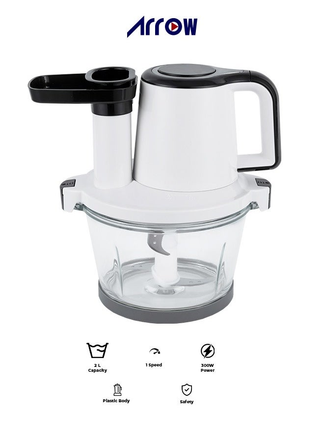 Arrow Bowl 3 in 1 Copping, 2LTR Glass Bowl, 300W | Slicing And Shredding Chopper| Burger Maker | Stainless Steel Double Blade | Plastic Body |White Color| Model Name: RO-FPW02L3 