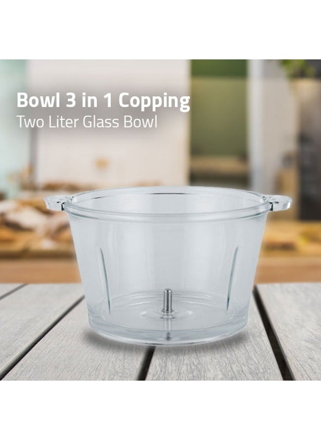 Arrow Bowl 3 in 1 Copping, 2LTR Glass Bowl, 300W | Slicing And Shredding Chopper| Burger Maker | Stainless Steel Double Blade | Plastic Body |White Color| Model Name: RO-FPW02L3  - Image 2