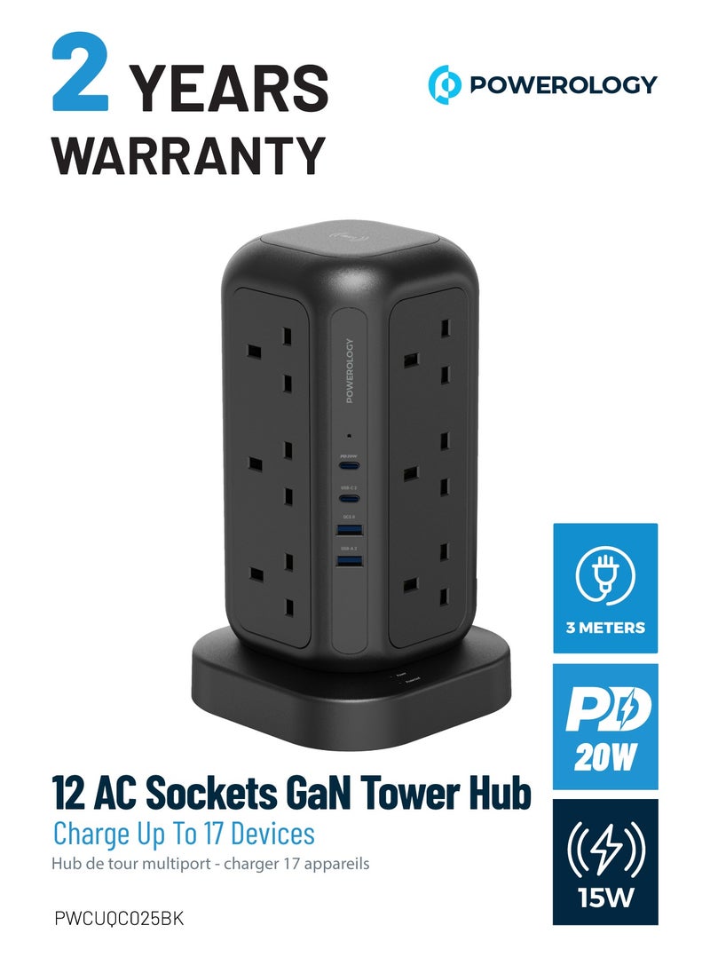 Powerology 12 AC Sockets GaN Tower Hub / Charge Up To 17 Devices / x12 UK Socket / 20W Power Delivery / 3250W Rated AC Power / QC3.0 18W USB-A Output - Black  - Image 1