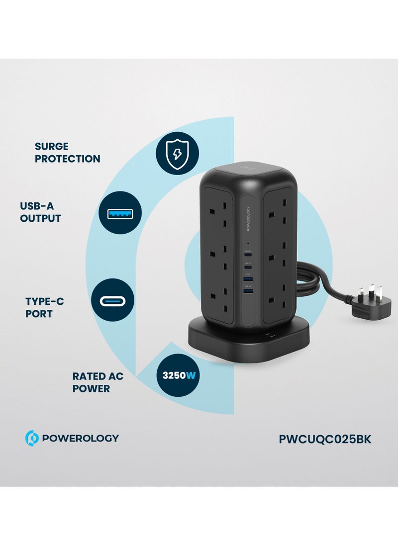 Powerology 12 AC Sockets GaN Tower Hub / Charge Up To 17 Devices / x12 UK Socket / 20W Power Delivery / 3250W Rated AC Power / QC3.0 18W USB-A Output - Black  - Image 3