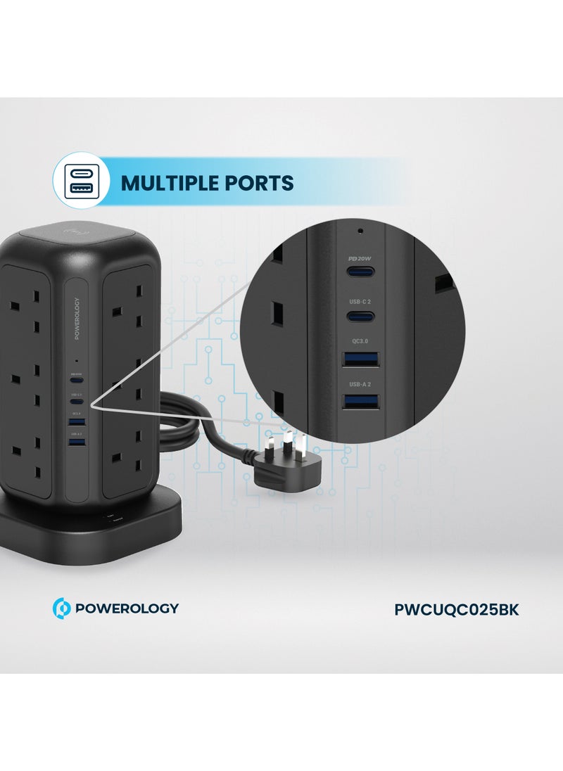 12 AC Sockets GaN Tower Hub / Charge Up To 17 Devices / x12 UK Socket / 20W Power Delivery / 3250W Rated AC Power / QC3.0 18W USB-A Output - Black