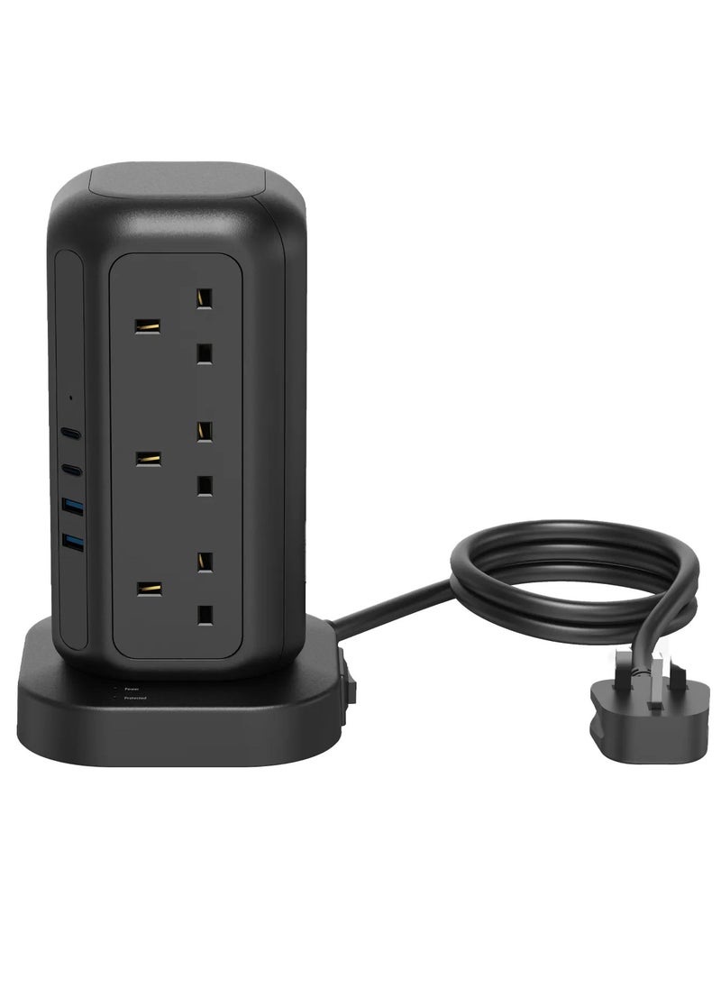 12 AC Sockets GaN Tower Hub / Charge Up To 17 Devices / x12 UK Socket / 20W Power Delivery / 3250W Rated AC Power / QC3.0 18W USB-A Output - Black