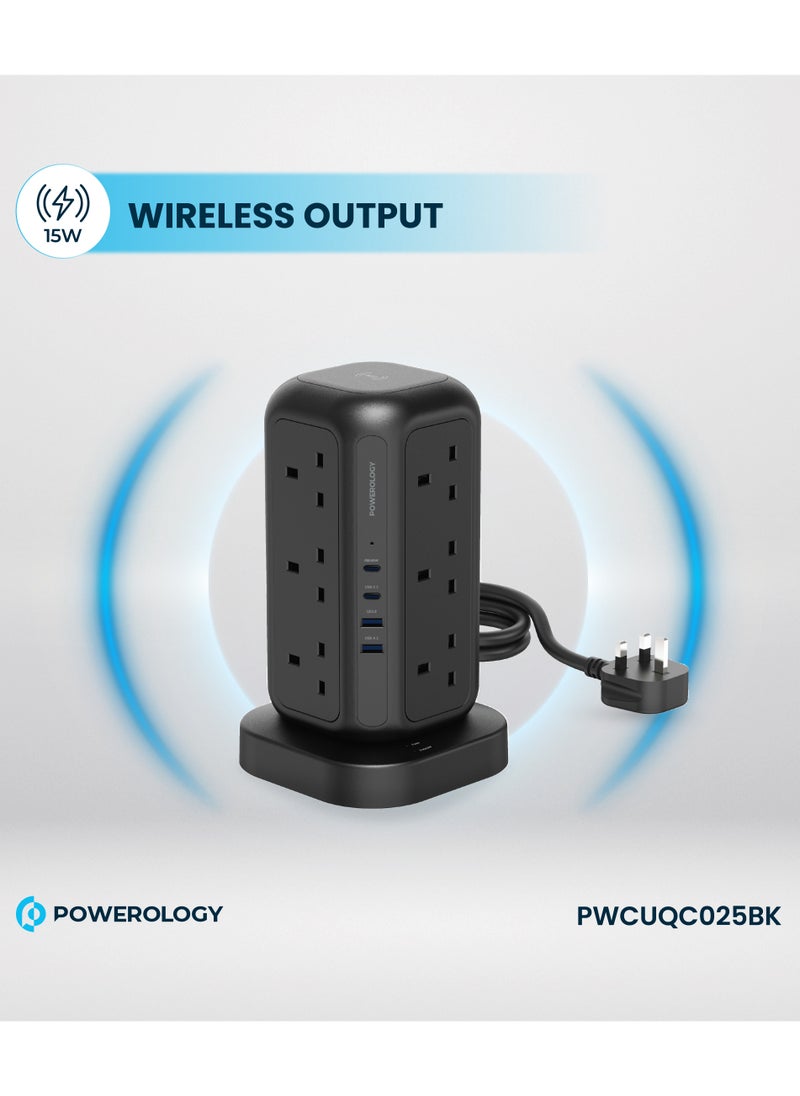 12 AC Sockets GaN Tower Hub / Charge Up To 17 Devices / x12 UK Socket / 20W Power Delivery / 3250W Rated AC Power / QC3.0 18W USB-A Output - Black