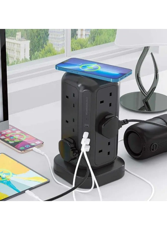 12 AC Sockets GaN Tower Hub / Charge Up To 17 Devices / x12 UK Socket / 20W Power Delivery / 3250W Rated AC Power / QC3.0 18W USB-A Output - Black
