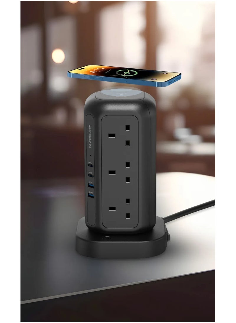 12 AC Sockets GaN Tower Hub / Charge Up To 17 Devices / x12 UK Socket / 20W Power Delivery / 3250W Rated AC Power / QC3.0 18W USB-A Output - Black