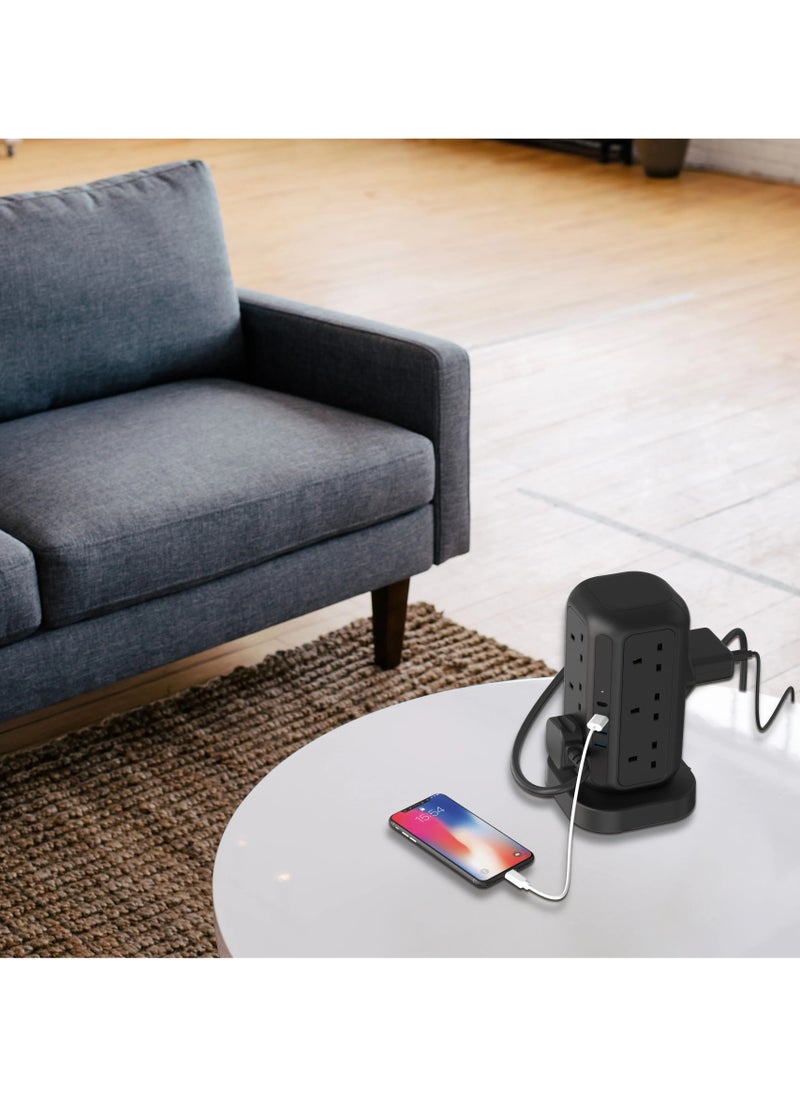 12 AC Sockets GaN Tower Hub / Charge Up To 17 Devices / x12 UK Socket / 20W Power Delivery / 3250W Rated AC Power / QC3.0 18W USB-A Output - Black