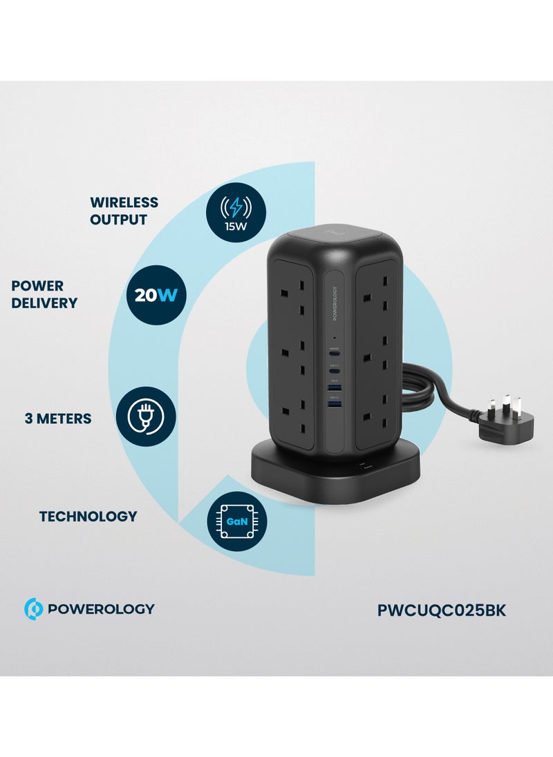Powerology 12 AC Sockets GaN Tower Hub / Charge Up To 17 Devices / x12 UK Socket / 20W Power Delivery / 3250W Rated AC Power / QC3.0 18W USB-A Output - Black  - Image 2