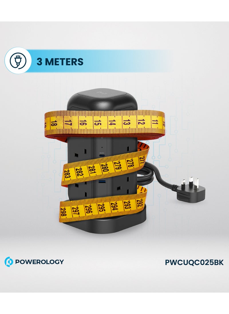 Powerology 12 AC Sockets GaN Tower Hub / Charge Up To 17 Devices / x12 UK Socket / 20W Power Delivery / 3250W Rated AC Power / QC3.0 18W USB-A Output - Black  - Image 4