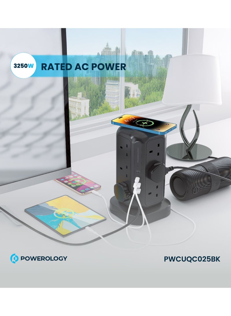 12 AC Sockets GaN Tower Hub / Charge Up To 17 Devices / x12 UK Socket / 20W Power Delivery / 3250W Rated AC Power / QC3.0 18W USB-A Output - Black