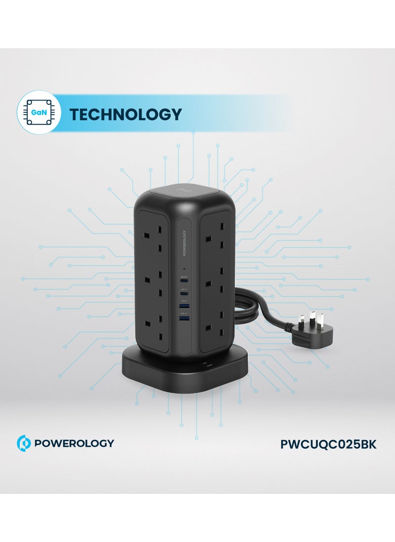 12 AC Sockets GaN Tower Hub / Charge Up To 17 Devices / x12 UK Socket / 20W Power Delivery / 3250W Rated AC Power / QC3.0 18W USB-A Output - Black
