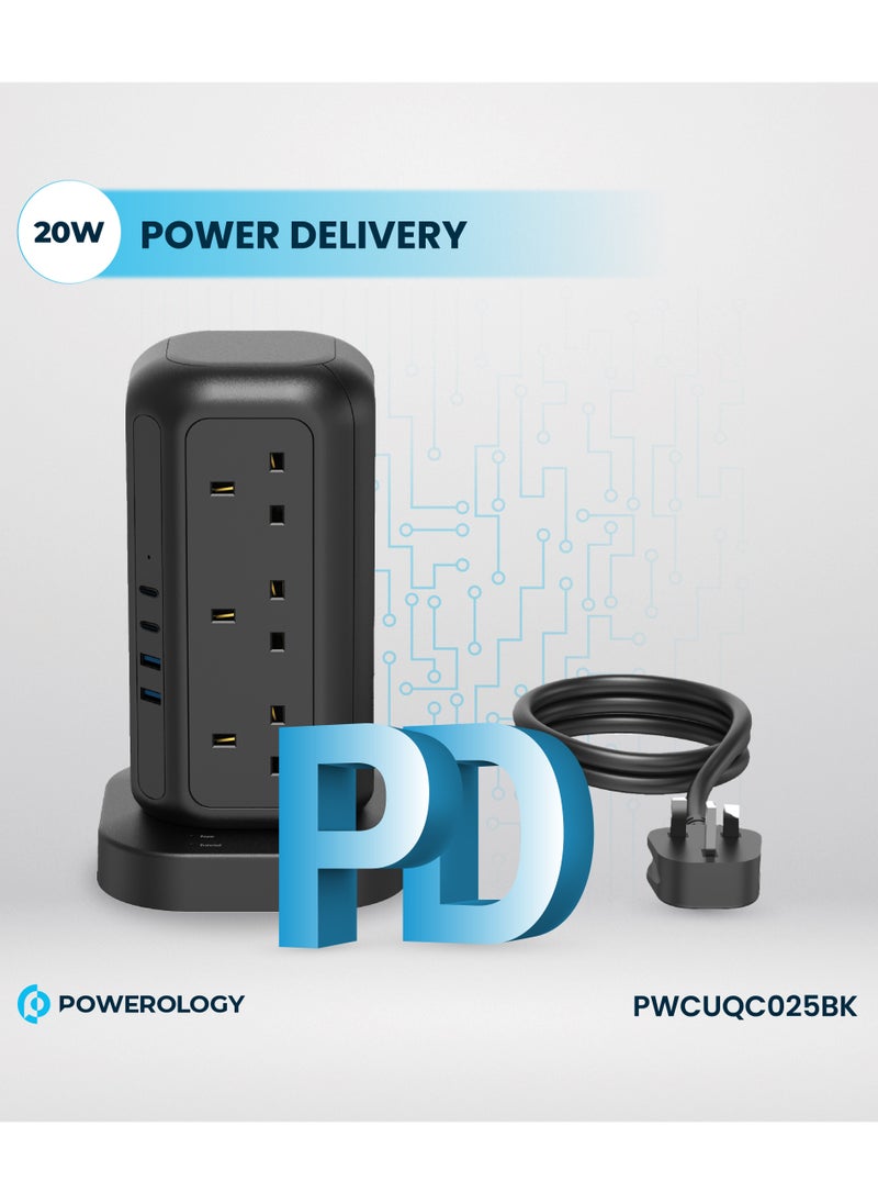Powerology 12 AC Sockets GaN Tower Hub / Charge Up To 17 Devices / x12 UK Socket / 20W Power Delivery / 3250W Rated AC Power / QC3.0 18W USB-A Output - Black  - Image 5