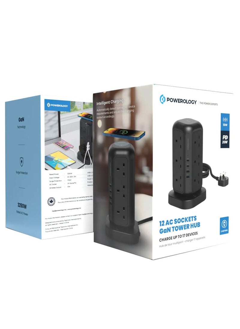 12 AC Sockets GaN Tower Hub / Charge Up To 17 Devices / x12 UK Socket / 20W Power Delivery / 3250W Rated AC Power / QC3.0 18W USB-A Output - Black