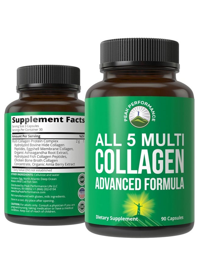 Peak Performance Peak Performance All 5 Multi-Collagen Capsules 90 Pills of Grass Fed Collagen Peptides Protein. with All 5 Collagen Types I, II, III,V, X. Grass Fed Beef, Fish, Chicken, Bone Broth Supplement  - Image 1