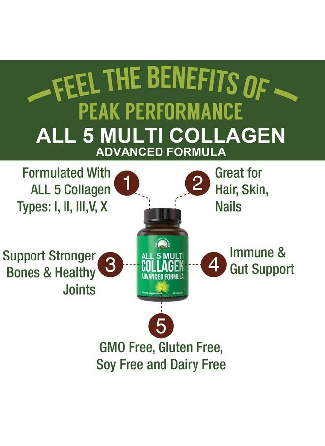 Peak Performance Peak Performance All 5 Multi-Collagen Capsules 90 Pills of Grass Fed Collagen Peptides Protein. with All 5 Collagen Types I, II, III,V, X. Grass Fed Beef, Fish, Chicken, Bone Broth Supplement  - Image 2