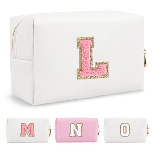 ChaoGreat Personalized Makeup Bag Initial A-Z Preppy Patch Bag,Small PU Leather Travel Cosmetic Bag Pouch with Zipper,White Cute Toiletry Bag,Gift Ideal for Teen Girls Women Birthday Friend Mom,Letter L - Image 1