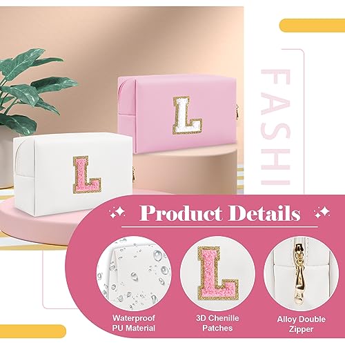 ChaoGreat Personalized Makeup Bag Initial A-Z Preppy Patch Bag,Small PU Leather Travel Cosmetic Bag Pouch with Zipper,White Cute Toiletry Bag,Gift Ideal for Teen Girls Women Birthday Friend Mom,Letter L - Image 3