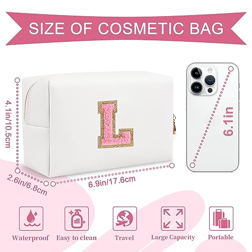 ChaoGreat Personalized Makeup Bag Initial A-Z Preppy Patch Bag,Small PU Leather Travel Cosmetic Bag Pouch with Zipper,White Cute Toiletry Bag,Gift Ideal for Teen Girls Women Birthday Friend Mom,Letter L - Image 2