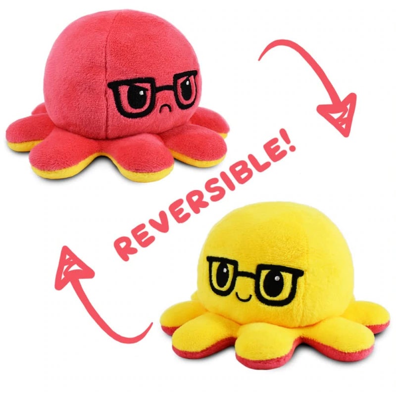 TeeTurtle Reversible Octopus Plushie 4-Inch Red + Yellow with Glasses Two-Sided Flip Plush Toy with Embroidered Details - Cute Mini Collectible Plush for Kids, Teens, and Adults - Image 1