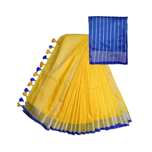 SheenKraft ساري شينكرافت بهاغالبوري لينين هاندلوم قطن مزيج للنساء (أصفر-أزرق مخطط) - Image 1