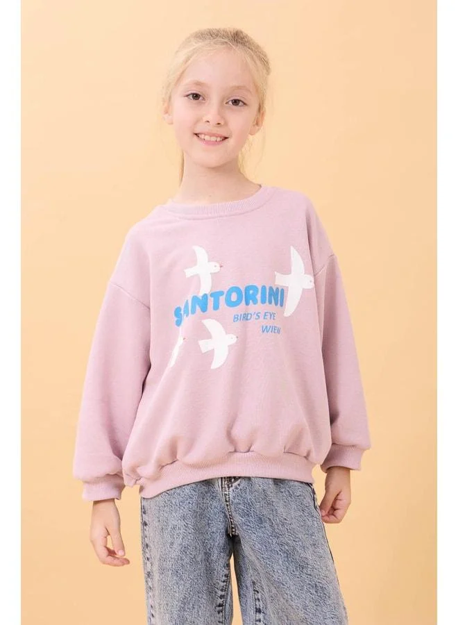 Perendi Girl Oversize Santorini Printed Seasonal Sweatshirt Light Pink