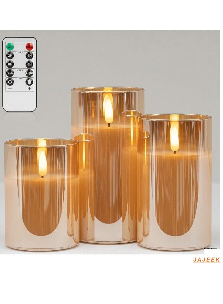 JAJEEK شموع زجاجية متلألئة بدون لهب مع جهاز تحكم عن بعد - شموع عمودية LED تعمل بالبطارية مع مؤقت، تأثير وميض واقعي لتزيين المنزل، المدفأة، الرف، الحمام - لون ذهبي، حل إضاءة آمن وأنيق - Image 1