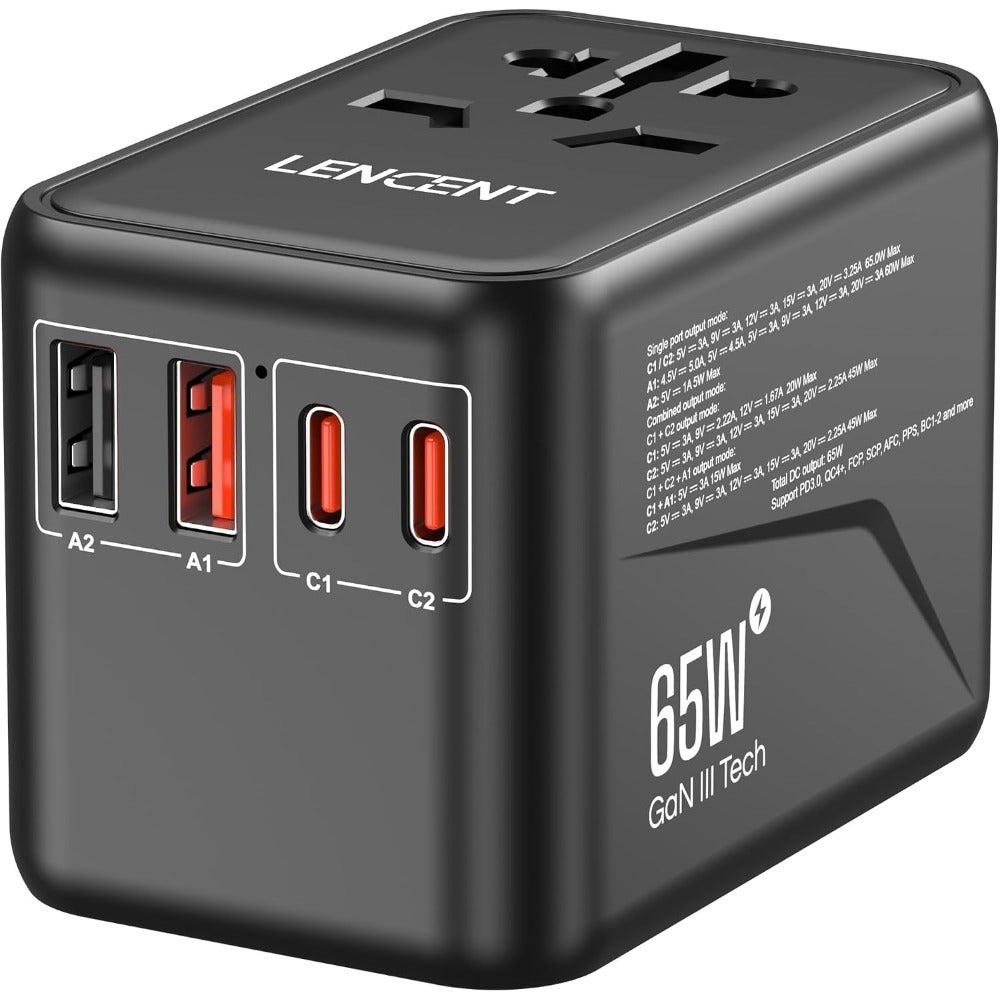 Universal Travel Adapter, GaN3 International Charger for global use, aluminum alloy body, matte black finish, ultra-compact and 100W fast charging
