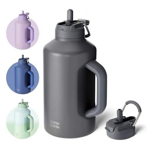 BOTTLE BOTTLE Insulated Water Bottle 64 oz with Straw and Dual-use Lid Stainless Steel Water Bottle for Men with Handle Vacuum Insulated Beer Growler for Workout Sports Soccer gray - Image 1