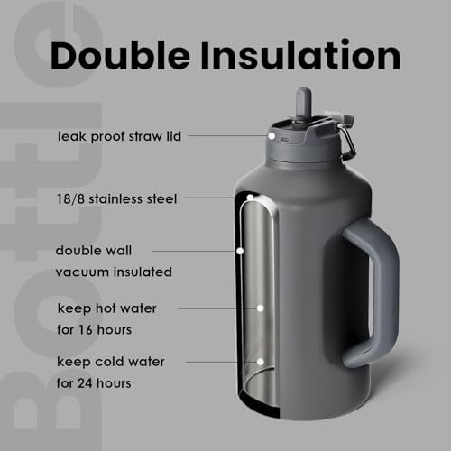 BOTTLE BOTTLE Insulated Water Bottle 64 oz with Straw and Dual-use Lid Stainless Steel Water Bottle for Men with Handle Vacuum Insulated Beer Growler for Workout Sports Soccer gray - Image 2