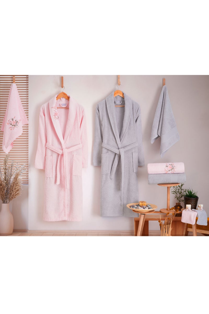 نورباك مجموعة هدايا فاخرة للأزواج من 10 قطع مناشف حمام/يد وأردية حمام مصنوعة من القطن التركي بنسبة 100%، أردية حمام عائلية فاخرة معطرة لحفلات الزفاف، مجموعة هدايا للمتزوجين حديثًا باللون الوردي/الرمادي - Image 1