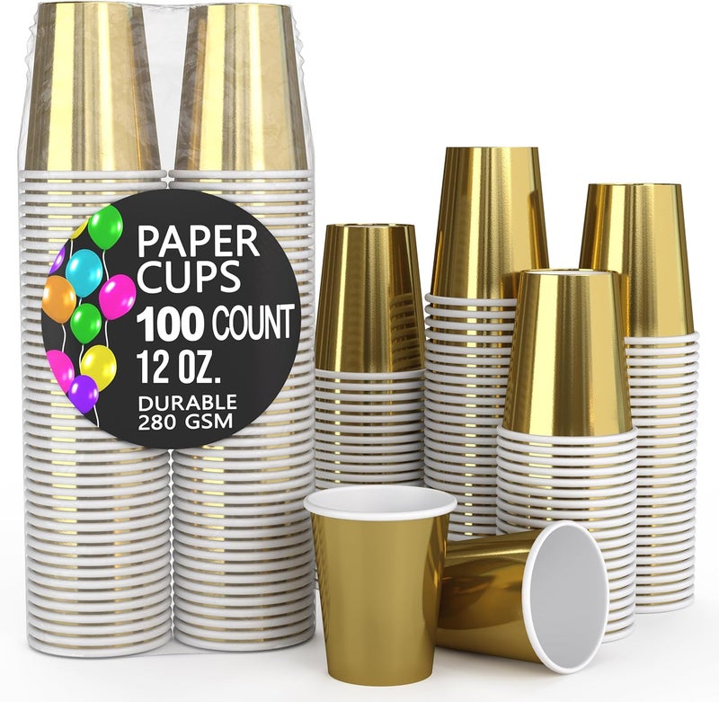 Party Solids Gold Paper Cups 12 oz Durable Disposable Cups 100 Paper Tumblers for Hot Drinks and Cold Drinks Thick 280 GSM Hot Cup for Tea & Coffee Cup To Go Fun Colors for Parties & Events - Image 1