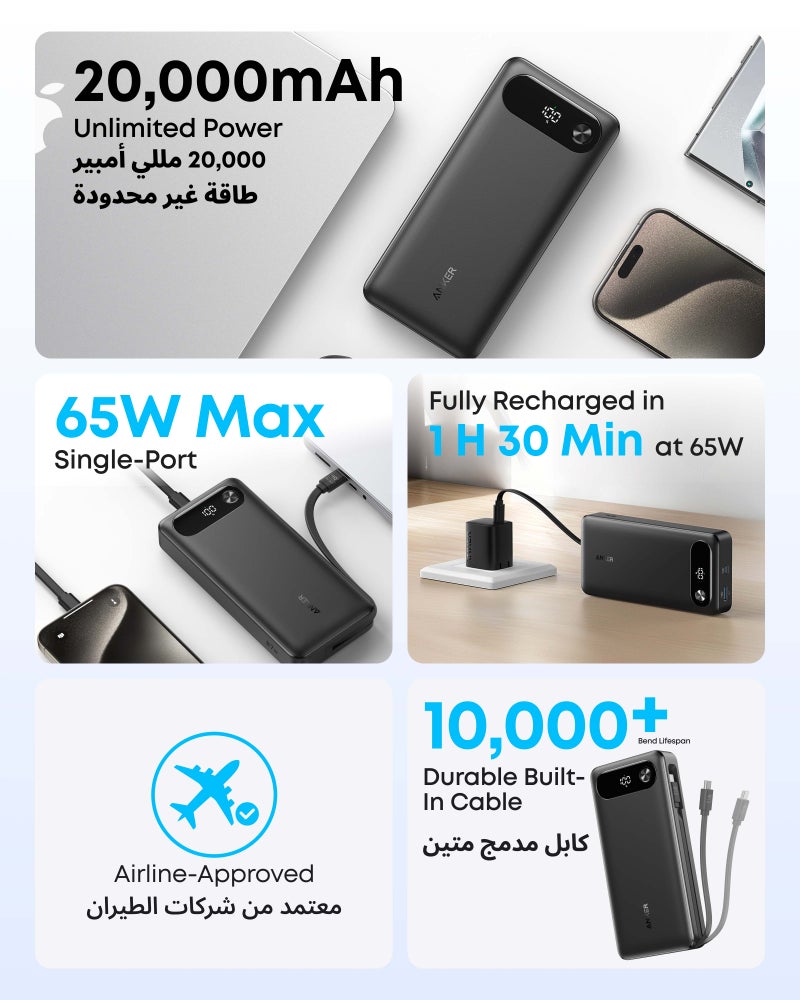 Anker 20000 mAh Power Bank, 20,000mAh Portable Charger with Built-In USB-C Cable, 87W Max Fast Charging Battery Pack, For MacBook, iPhone 17/16 Series, Samsung, Switch, and More Black - Image 2