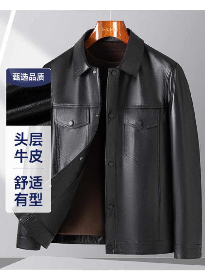 Fapai New Men's Genuine Leather Jacket With Lapel, Versatile And Simple Leather Jacket For Autumn And Winter - Image 1
