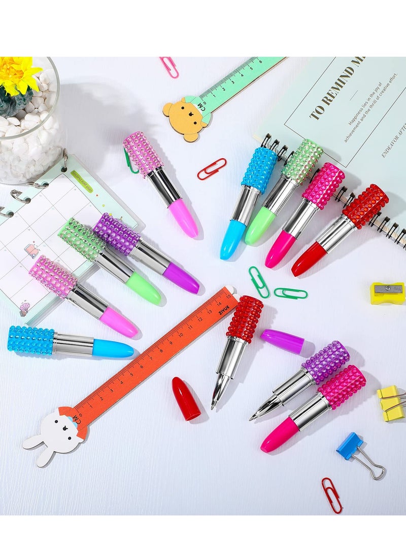 Excefore Lipstick Shape Pen, 12 Pcs Rhinestone Crystal Ballpoint Pen Lipstick Shape Novelty Pens 1.0 Mm Blue Ink Lipstick Pens Cute Mini Ballpoint Pens for Girl, Women, Children, Students - Image 3