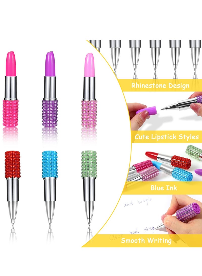 Excefore Lipstick Shape Pen, 12 Pcs Rhinestone Crystal Ballpoint Pen Lipstick Shape Novelty Pens 1.0 Mm Blue Ink Lipstick Pens Cute Mini Ballpoint Pens for Girl, Women, Children, Students - Image 2