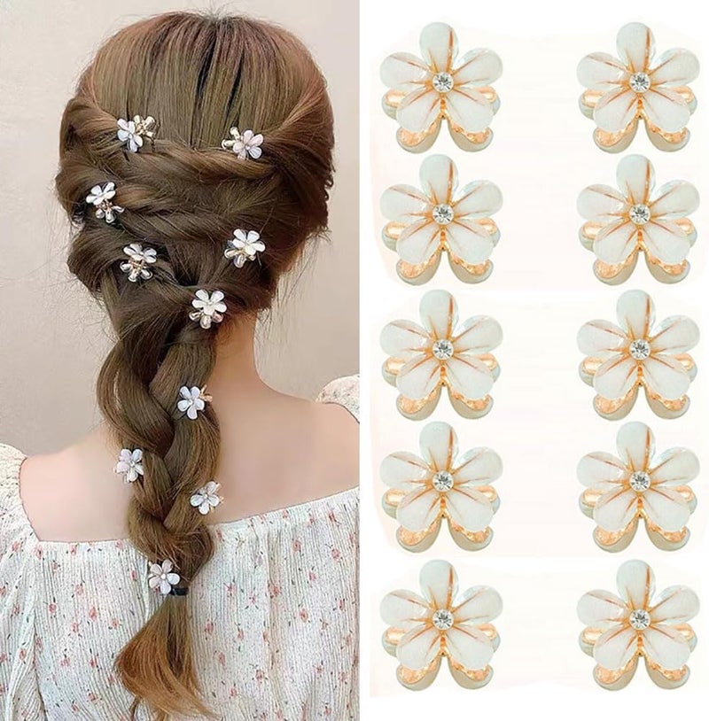 10 Pcs Sweet Mini Cute FlowerShaped Hair Clips Crystal Rhinestone Petal Small Hair Claw Clips Fashion Long Braid Hairstyles for Women Hair Accessories White