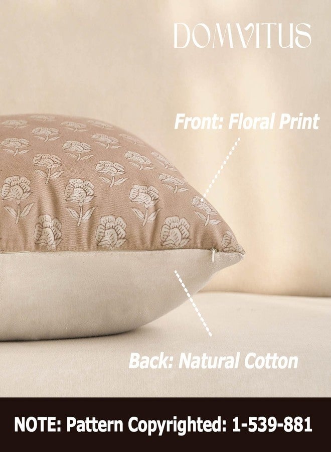 DOMVITUS Floral Pillow Covers 18x18 Throw Pillow Covers Decorative Farmhouse Block Floral Print Vintage Pillow Cover for Living Room Couch Bed, Light Camel, 1PC - Image 2