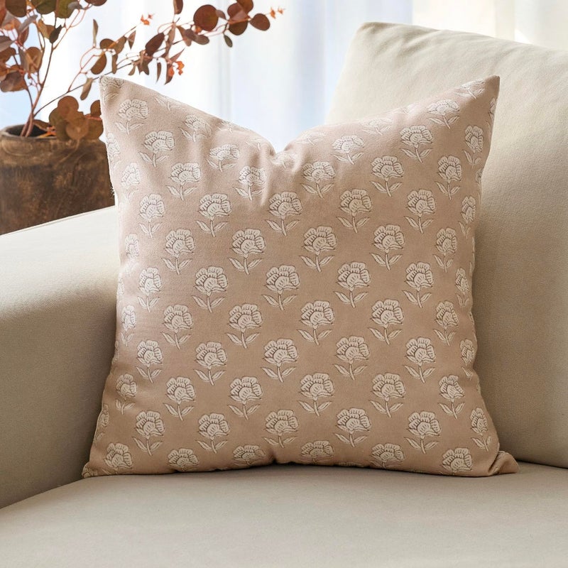 DOMVITUS Floral Pillow Covers 18x18 Throw Pillow Covers Decorative Farmhouse Block Floral Print Vintage Pillow Cover for Living Room Couch Bed, Light Camel, 1PC - Image 1