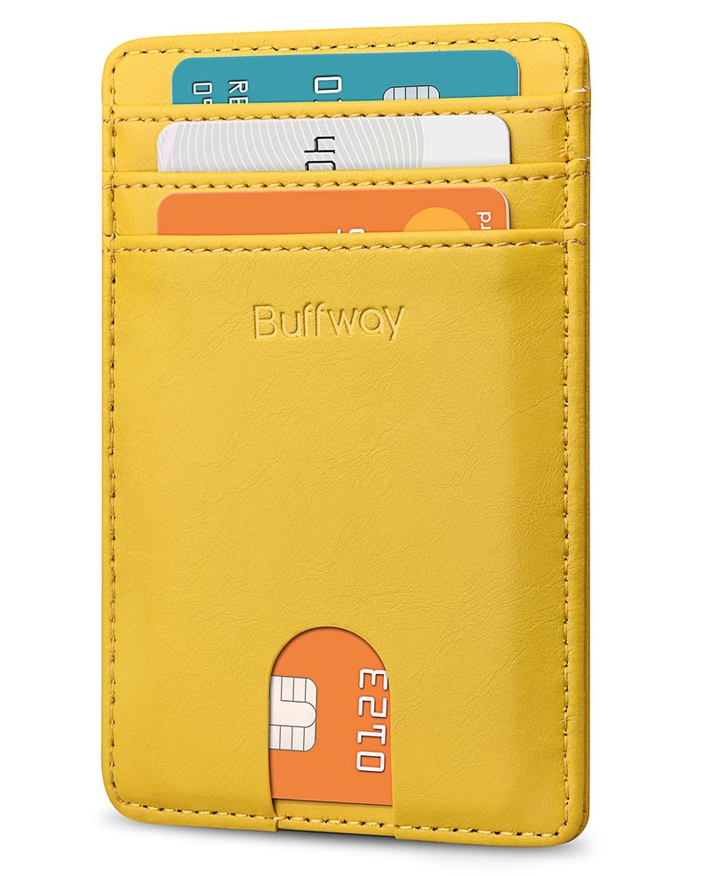 Buffway Mens Slim Wallet, Minimalist Thin Front Pocket Leather Credit Card Holder with RFID Blocking for Work Travel - Seattle Yellow - Image 1