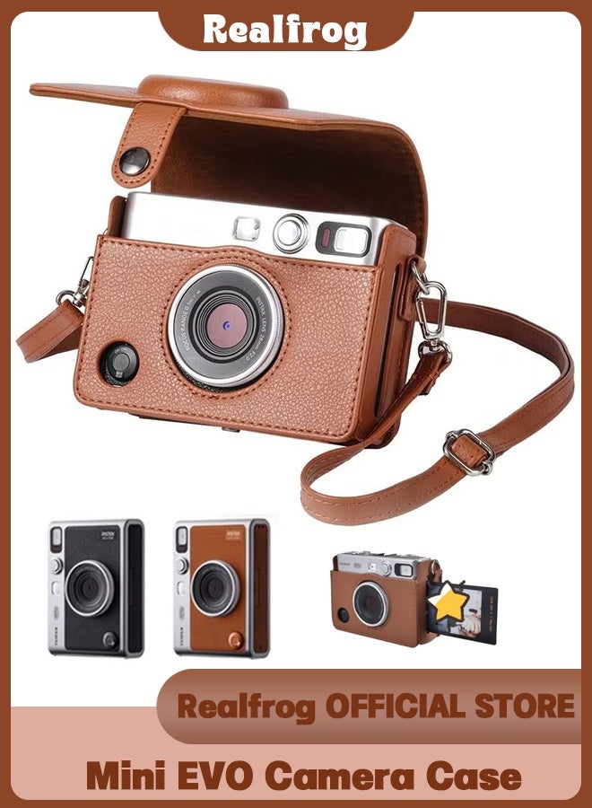 Realfrog Protective Case for Instax Mini EVO Instant Camera with 96 Pockets Photo Album - Lychee Texture Premium PU Leather Fuji Mini EVO Camera Case with Adjustable Shoulder Strap & Precise Open Hole for Charging - Brown - Image 1