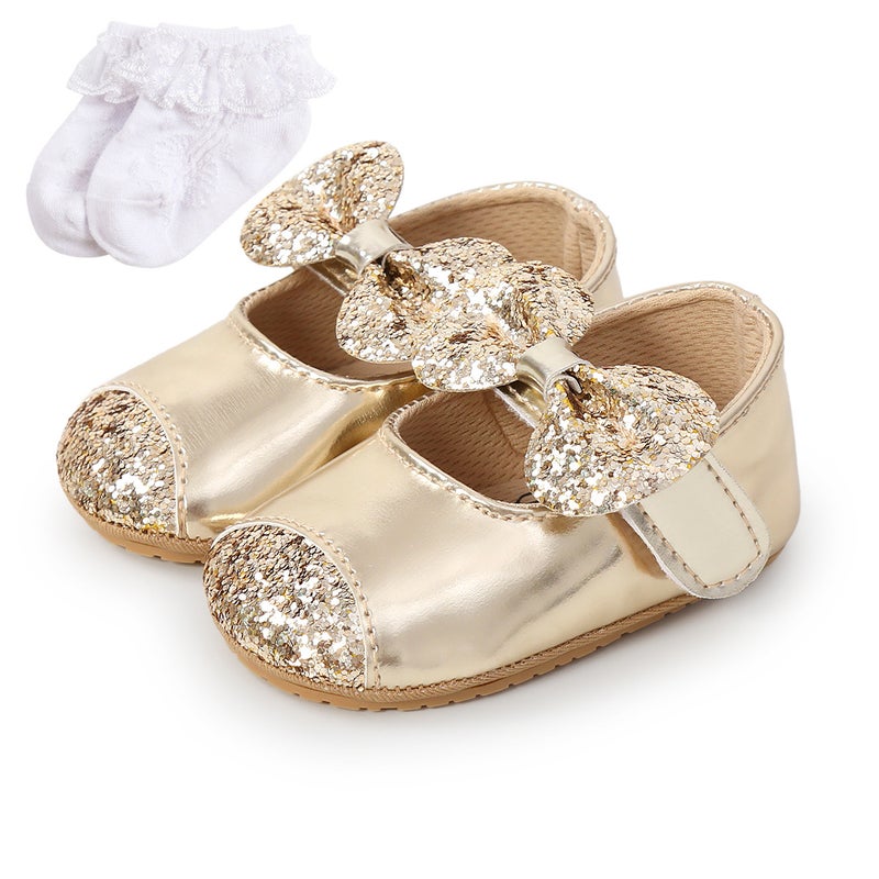 Butterfly Sequin Princess Baby Shoes Soft Sole M1951 Golden socks 