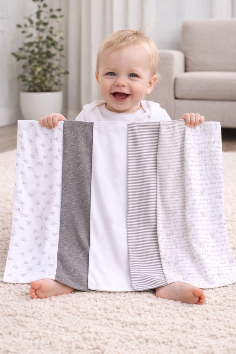 TuddyBuddy Baby Burp Cloth Towel Napkins for Baby Large 17x12 Inches, Fine Double Layer 100% Cotton (5 Pcs Burp Towels, Grey Bees) - Image 3