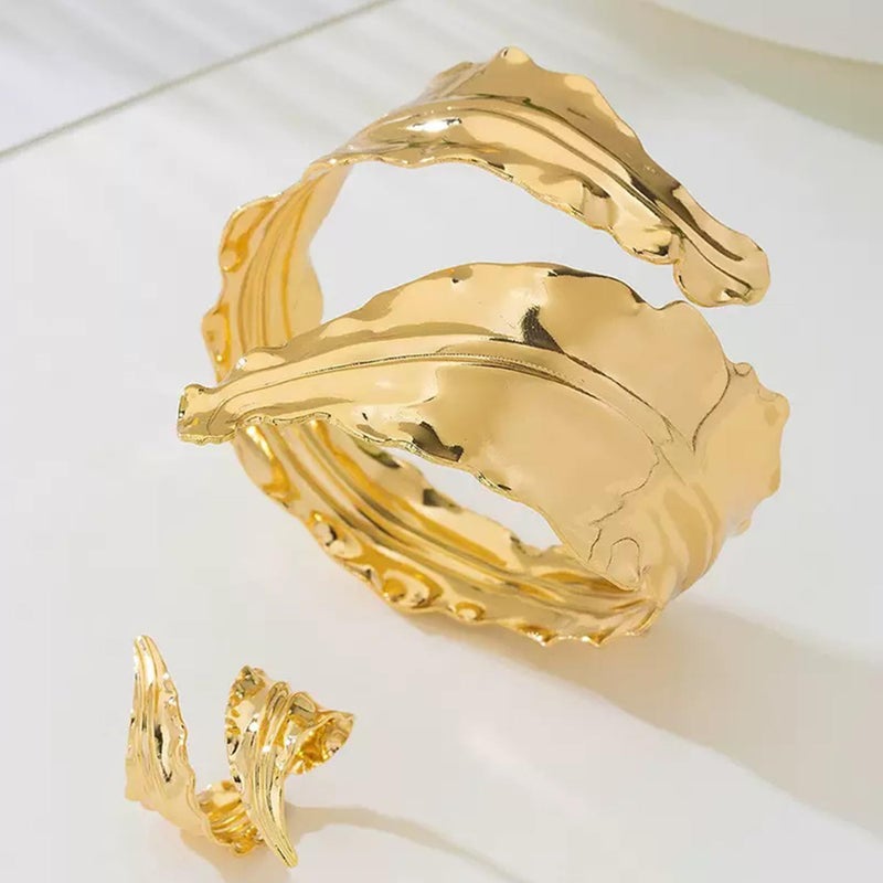 Decixde Gold Jewelry Sets for Women Bangle Ring Set Chunky Bangle Bracelet And Ring Statement Jewelry Set for Women (Gold-D) - Image 5