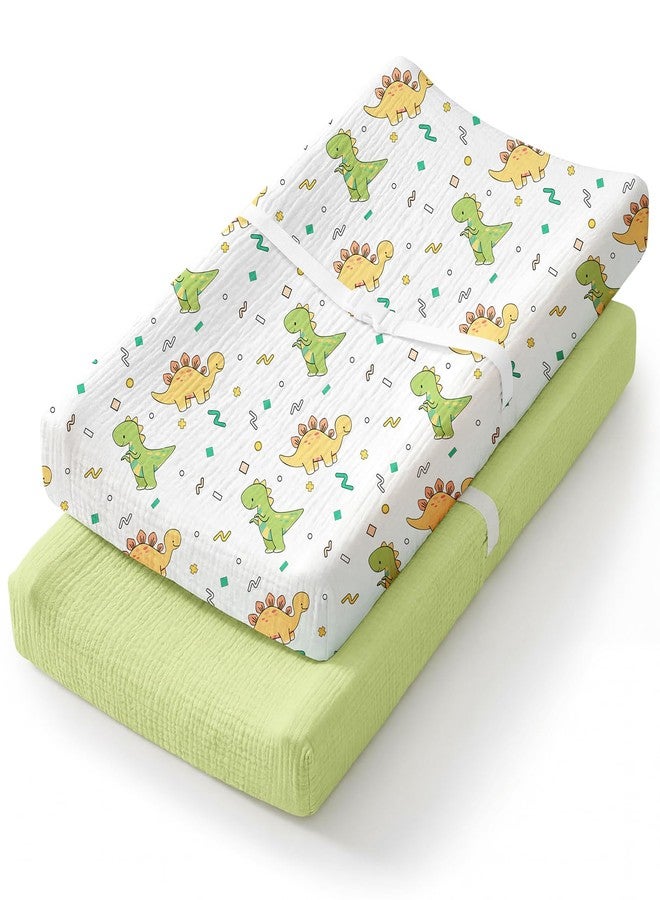 Lattlefnki Changing Pad Cover Waterproof 2-Pack for Baby Boys, Soft Breathable Cotton Fitted Diaper Changing Table Covers, Fit Standard 32"x16" Contoured Pad, Green Dinosaur - Image 1