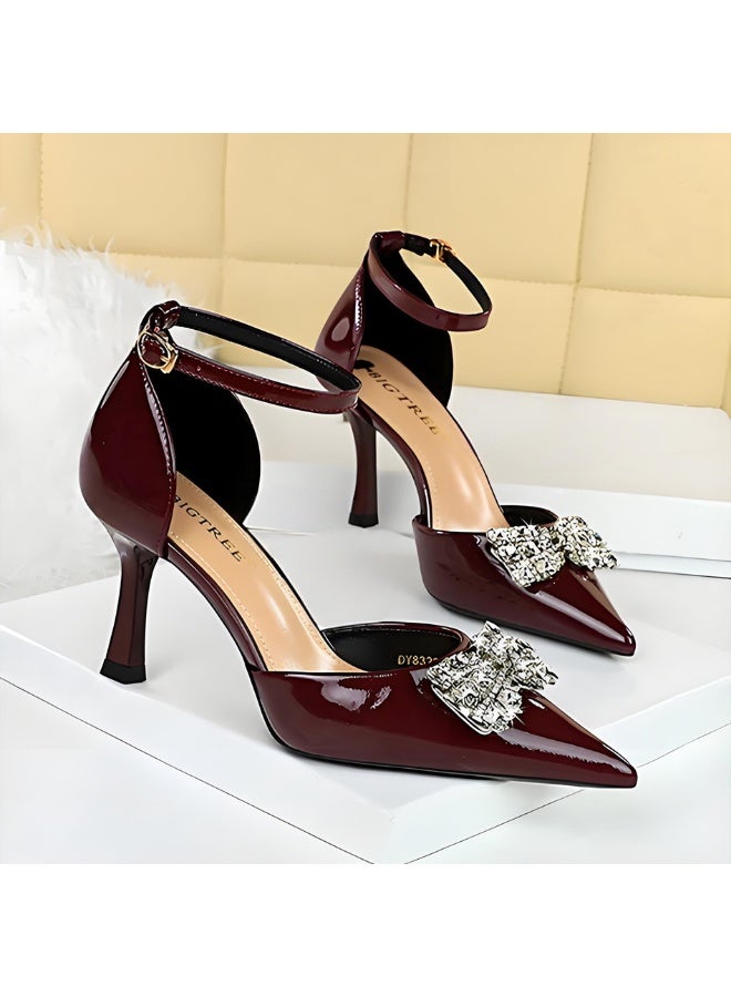 BIGTREE Women's Rhinestone Stiletto Pumps Closed Pointed Toe High Heels Party Dress Shoes With Ankle Straps Wine Red 8CM - Image 2